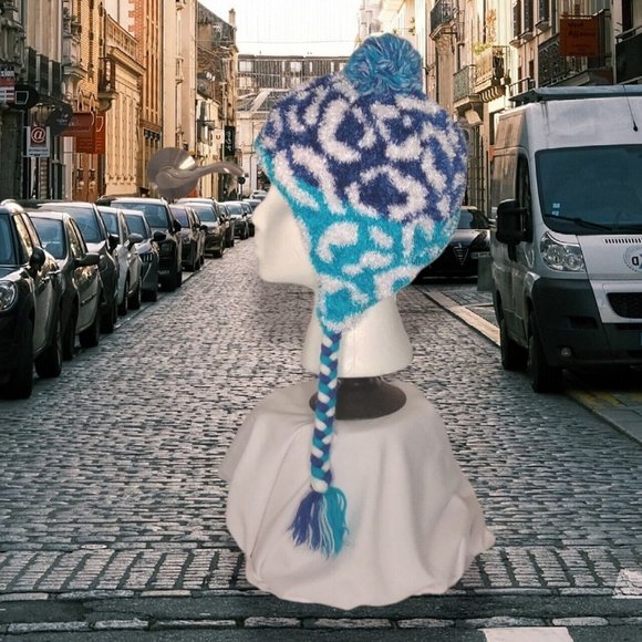 Girls Multi Blues & White Lined Beanie Hat with Braided Ties and Pompom - Picture 4 of 8